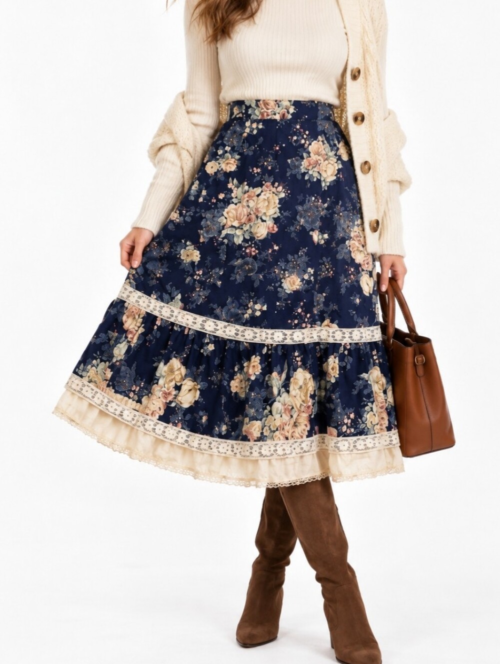 Vintage Navy Floral Lace Tiered Cottagecore Prairie Skirt Romantic Feminine Sml